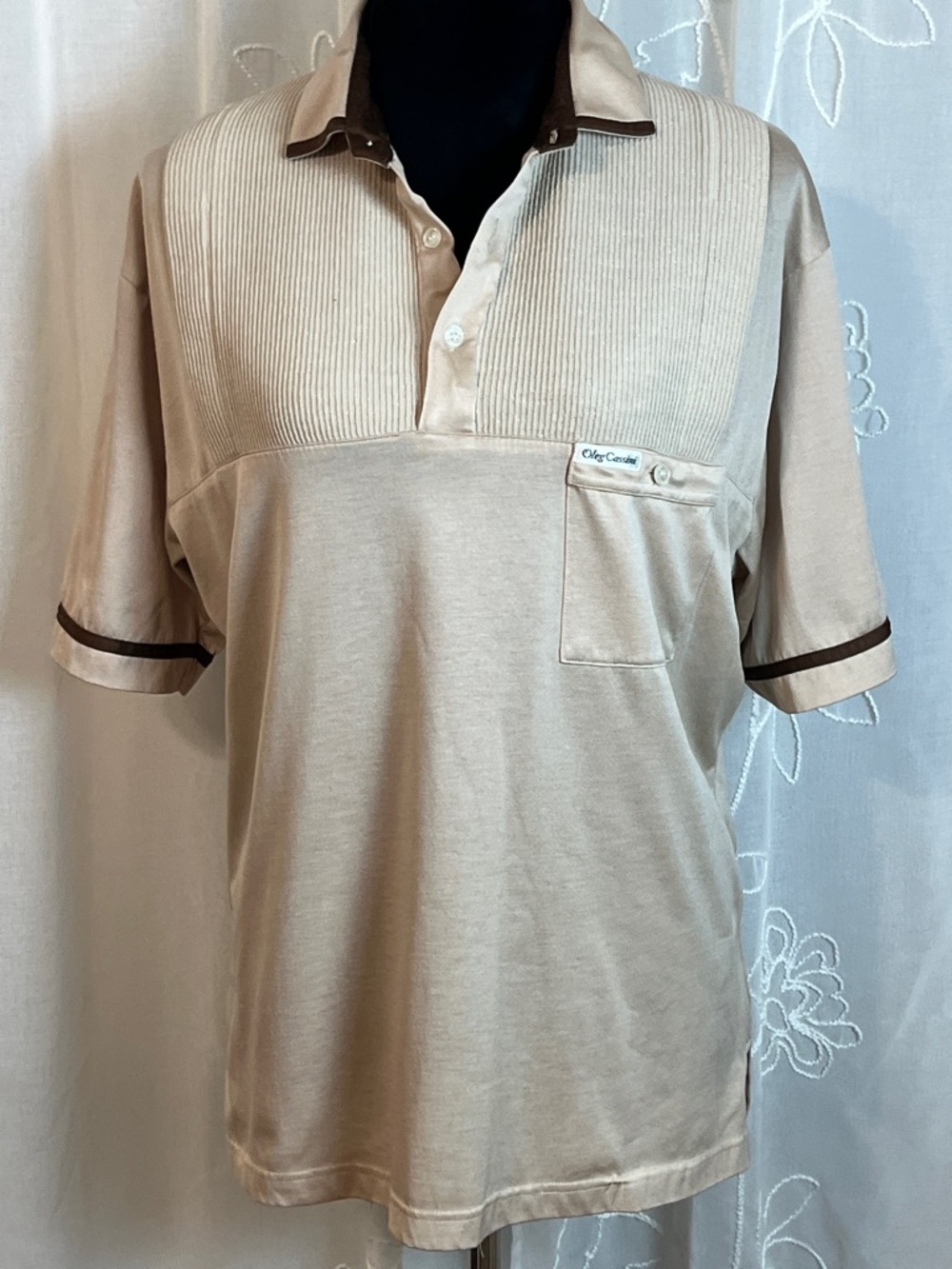 VINTAGE 80s Oleg Cassini Beige Polo with Brown Trim